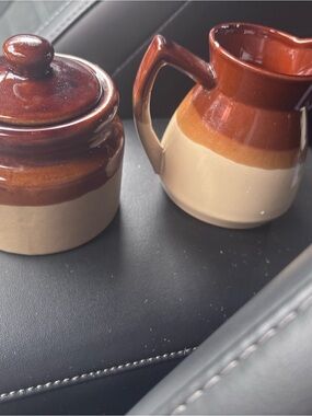 Brown and Cream Ceramic Sugar Jar and Creamer Set